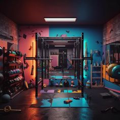 Industrial Style Gym Interior Design, Gym Design Interior Industrial, Mma Gym Design Ideas, Gym Setup Ideas Commercial, Neon Gym Interior, Small Gym, Gym Garage, Computer Desk Setup, Basement Gym