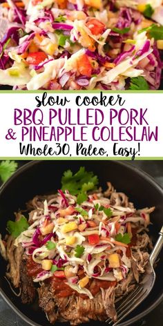 slow cooker bbq pulled pork and pineapple coleslaw in a skillet