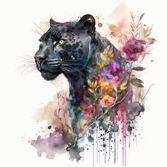 a watercolor painting of a black leopard with flowers