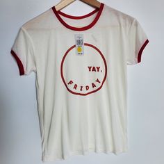 Yay Friday!!!! White Retro-Looking T Very Light; See Through Small Mark On Back (See Last Pic) Approximate Measurements: 17.5" Chest 18.5" Length In Front Red Retro Slogan Tops, Retro Red Tops With Slogan, Red Graphic Tee For Everyday, Everyday Graphic Tee In Red, Red Graphic Tee For Everyday Wear, Sporty Red Tops For Everyday, Sporty Red Tops For Everyday Wear, Red Slogan T-shirt For Spring, Retro White Slogan Tops