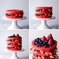 four different pictures of a cake with fruit on top and berries on the bottom, including strawberries, blueberries, raspberries, and almonds