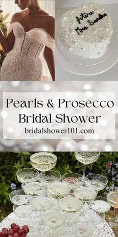 pearls and prosceco bridal shower cake with champagne glasses on the table