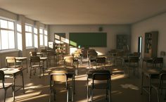 an empty classroom with desks and chairs in front of large windows that have sunlight streaming through them