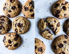 two pictures of chocolate chip cookies and one has been cut in half to show the inside