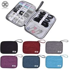 an open travel case filled with various items in different colors and sizes, including scissors