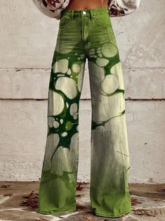 Lasaky - Leisurely Pants in Lightweight Cowhide Fabric Cowhide Fabric, Water Pattern, Green Gradient, Water Patterns, Casual Wide Leg Pants, Painted Clothes, Personalized Clothes, Mode Inspo, Looks Vintage