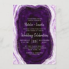 an elegant purple and white marble wedding card