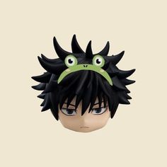 an anime character with black hair and green eyes, wearing a headband that has spikes on