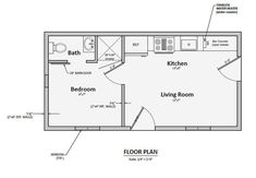 a floor plan for a small house with two bathrooms and one bedroom, including the living room