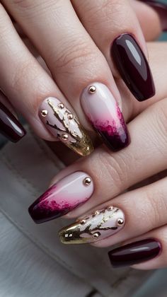 Upgrade your manicure with this chic nail design featuring glossy burgundy polish, soft nude-pink bases, and delicate gold embellishments. 3D gold details, like branches and beads, make this look perfect for a glamorous and artistic style. A must-save for nail lovers!
#acrylicnails #nailsdesign #decembernails #nailsdesign Chic Nail Designs, Gold Embellishment, Artistic Style, Chic Nails, Nude Pink, Nude Nails, Gold Details