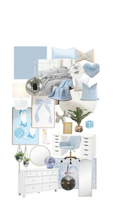 a collage of blue and white items including bed linens, pillows, blankets