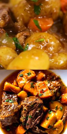 two pictures of different types of food and one has meat, potatoes and carrots in it