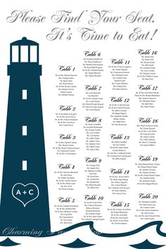 a wedding seating chart with a lighthouse on the top and water below it, in blue