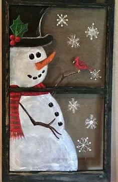 a painting of a snowman with a cardinal on his nose