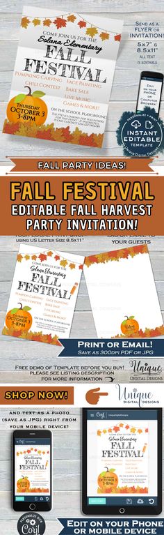 the fall festival flyer is displayed on a wooden table