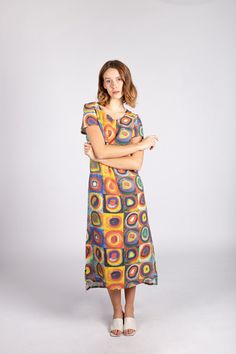 Bohemian Short Sleeve Linen Midi Dress, Bohemian Linen Midi Dress With Short Sleeves, Multicolor Linen Dress For Vacation, Bohemian Multicolor Linen Dresses, Linen Short Sleeve Maxi Sundress, Multicolor Linen Beach Dress, Spring Multicolor Linen Dress, Multicolor Linen Spring Dress, Linen A-line Sundress For Vacation