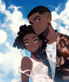 a man and woman standing next to each other in front of the sky with clouds