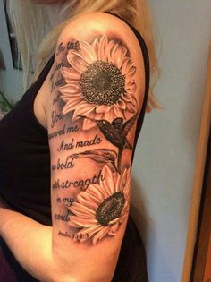 a woman with a sunflower tattoo on her arm and the words i love you