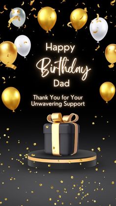 a happy birthday card with gold and white balloons, presents and confetti on a black background