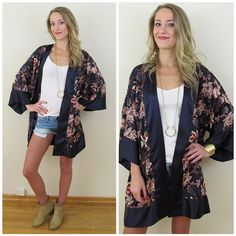 Vintage 90s Victoria's Secret Navy Floral Satin Robe or Kimono Jacket, OSFA by retrorocketgirl Kimono Jacket, Navy Floral, Purple Floral