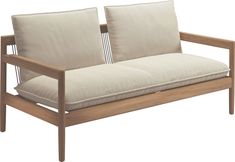 two wooden couches with white cushions on each side and one arm folded back to the other