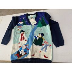 The Quacker Factory Christmas Cardigan Small Angel Snowman Nwt. Casual Christmas Crew Neck Cardigan, Blue Cotton Winter Cardigan, Winter Blue Cotton Cardigan, Blue Winter Cardigan For Cold Weather, Blue Crew Neck Cardigan For Winter, Blue Tops For Holiday And Fall Season, Blue Christmas Holiday Sweater, Light Pink Cardigan, Red Christmas Sweater