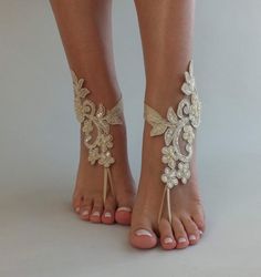 Champagne Lace Sandal Beach Wedding Barefoot Sandals | Etsy Elegant Barefoot Sandals With Single Toe Strap For Beach, Gold Ankle Wrap Sandals For Party, Elegant Ankle Wrap Sandals For Summer, Elegant Gold Ankle Wrap Sandals, Adjustable Open Toe Sandals For Party, Summer Ankle Strap Wedding Shoes For Bridesmaid, Summer Wedding Shoes With Ankle Strap For Bridesmaid, Summer Bridesmaid Shoes With Ankle Strap, White Barefoot Sandals For Party