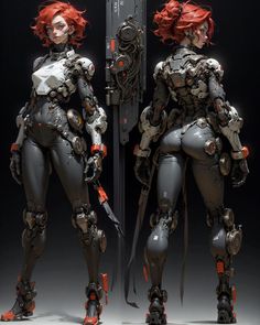 a futuristic woman with red hair standing in front of a mirror