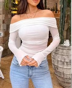 color: White, Size: L Dressy Blouses, Streetwear Dress, Backless Blouse, Mesh T Shirt, Dressy Blouse, Y2k Clothing, Shoulder Tops, Long Sleeve Tee Shirts, Fashion Streetwear