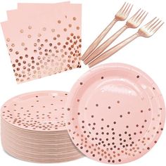 pink paper plates with gold polka dots and forks