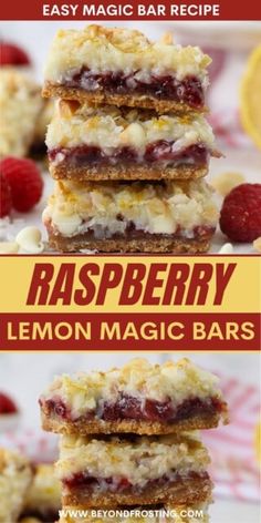 raspberry lemon magic bars stacked on top of each other with the words raspberry