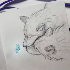 a drawing of two wolfs next to each other with a butterfly in the background