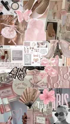 a collage of pink and grey images with different things in them, such as perfumes