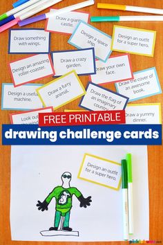 printed drawing challenge cards and child's drawing Drawing Challenge For Kids, Stem Challenge Cards Free Printable, Summer Drawing Challenge For Kids, Lego Challenge Cards Free Printable, Stem Bin Challenge Cards, Finish The Drawing Worksheets, Kids Painting Activities, Challenges Activities, Early Finishers Activities