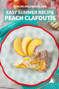 fresh peaches in custard are served on a plate with powdered sugar