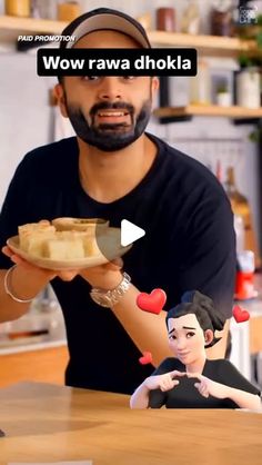 a man holding a plate with food on it in front of him and an animated woman behind him