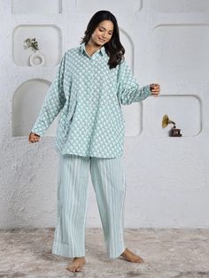 "A beautiful soft Pure Cotton night suits for winter .This is beautifully solid by the artisans of India. this is perfect gift for birthday party , gift to mom , bridesmaid . Fabric - Pure Cotton Color -  Green Sizing -: Our sizing in inches .Please refer the sizing below-: Size of top-: S- Bust -36\"  , Shoulder - 15''  M-Bust -38\"  , Shoulder - 15.5\",  L- Bust -40\"  , Shoulder - 16\", XL-Bust -42\"  , Shoulder - 16.5\", 2XL-Bust -44\"  , Shoulder - 17\",  3XL-Bust -46\"  , Shoulder - 17.5\",  Size of Pajama:- S- Waist relax -28\" , Length-37\", Hip-42\" M-Waist relax -30\" , Length-37\", Hip-46\" L-Waist relax -32\" , Length-37\", Hip-48\" XL-Waist relax -34\" , Length-37\", Hip-50\" 2XL-Waist relax -36\" , Length-37\", Hip-52\" 3XL-Waist relax -38\" , Length-37\", Hip-54\" Washing in Night Suit For Winter, Night Suit, Women's Nightgowns, Pajama Robe, Shirt Collar, Night Gown, Heavy Cotton, Cotton Shirt, Pure Cotton