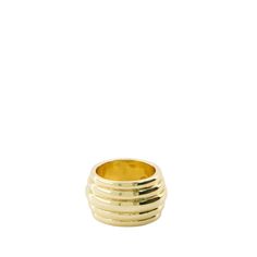 a gold ring with five rows of thin bands on the outside and inside, set against a white background