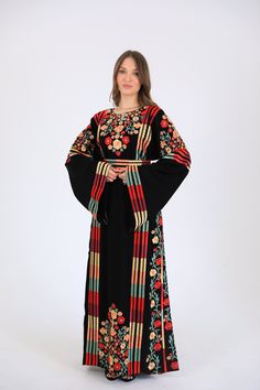 BRAND NEW unworn Palestinian Jordanian thobe as above pictures (Embroidered) Size S Bust-38 in Waist-39 in Hip-47 in Full Length-57 in Sleeve Length-24.5 in Size M Bust-41 in Waist-42 in Hip-50 in Full Length-57 in Sleeve Length-24.5 in  Size L Bust-44 in Waist-46 in Hip-51 in Full Length-57in Sleeve Length-24.5 in  Size XL Bust-47 in Waist-48 in Hip-54 in Full Length-57 in Sleeve Length-24.8 in This dress is made with top-notch materials and great attention to detail. The embroidery is done by Tatreez Dress, Jordanian Thobe, Jordanian Dress, Arabic Style, Evening Gowns Formal, Embroidery Dress, Black Pattern, Dress Clothes For Women, Special Occasion Dresses