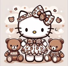 two teddy bears and a hello kitty dressed up in clothes with bows on their head