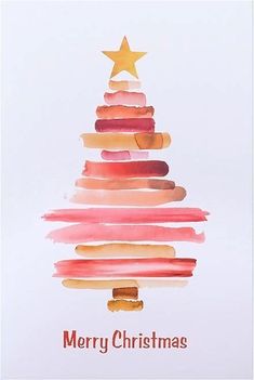 a watercolor christmas tree card with the words merry christmas