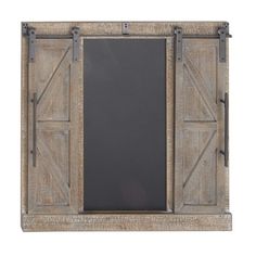 an old wooden frame with a chalkboard attached to the front and back doors, on a white background