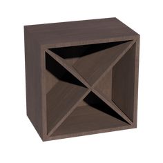 a wooden cube with two intersecting sections on the front and side, in dark brown wood