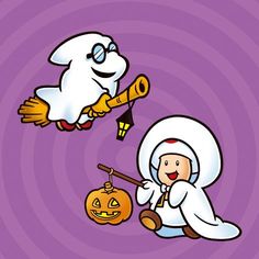 a cartoon character with a ghost holding a trumpet next to a person in a white robe