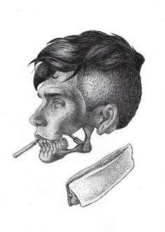 a drawing of a man's head with a pipe in his mouth