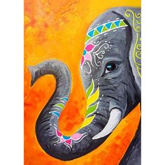 an elephant painted in bright colors on a yellow background