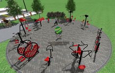 an artist's rendering of a playground in the middle of a park with swings and exercise equipment