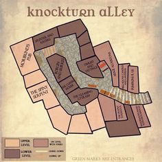 a map of the green marks are entrances for knocktum alley, which is located in the center of town