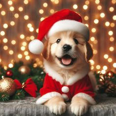 a small dog wearing a santa hat and sitting in front of some christmas lights with his tongue out