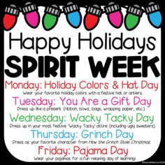 happy holidays spirit week with holiday colors and hat day on the front page, which includes christmas lights